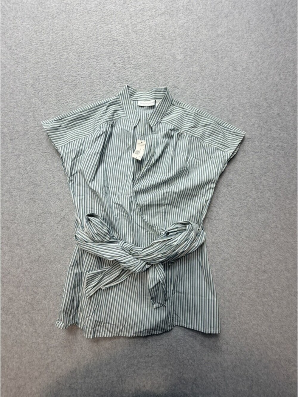 Worthington Womens Wrap Blouse Small Green Blue White Striped Tie Front Collared